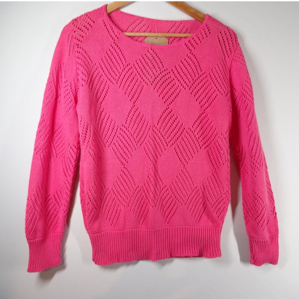 Vintage Cotton Knit Sweater Women Medium Pink Pointelle Diamond Barbiecore Retro